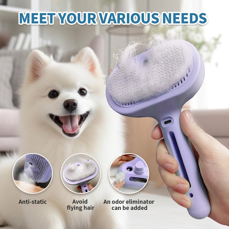 HeroKitty Dog Brush for Shedding, 3 in 1 Self Cleaning Steam Dog Brush - Anti-Static,Cat Steam Brush Removal Comb with Release Button, Grooming Tool for Long and Short Hair Pets, Purple - Image 2